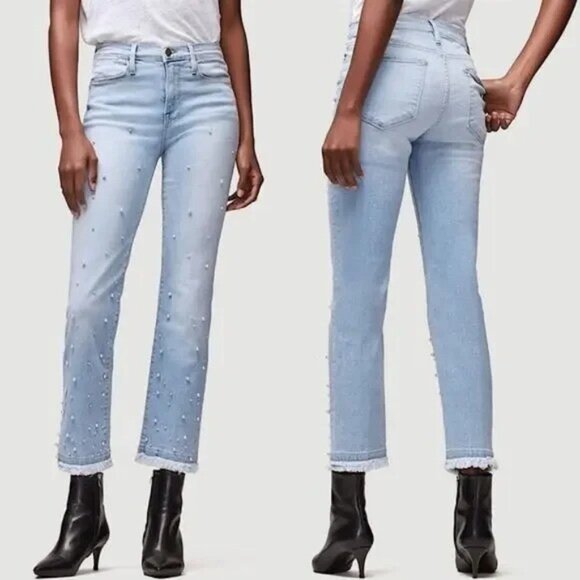 Frame Le High Straight Light Wash Faux Pearl Frayed Hem Jeans Pants - Picture 1 of 9